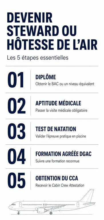 Infographie des étapes pour devenir steward ou hôtesse de l'air et obtenir son CCA
