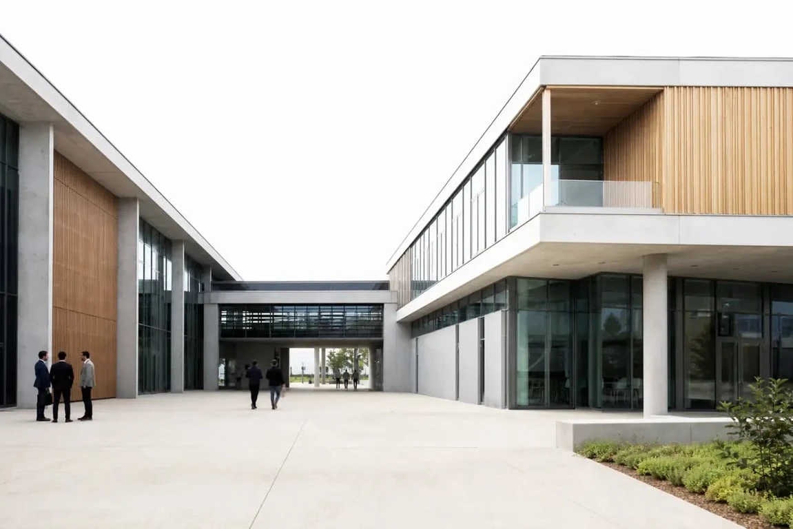 MFJA Maison de la Formation Jacqueline Auriol à Toulouse, vue extérieure du campus aéronautique contemporain