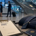 Recrutement steward : carnet PNC et uniforme en hall d’aéroport