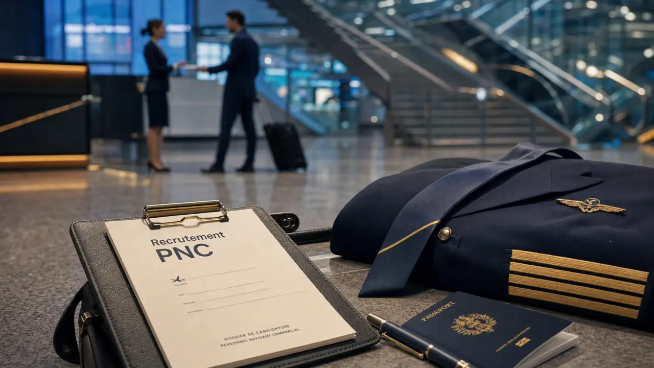 Recrutement steward : carnet PNC et uniforme en hall d’aéroport