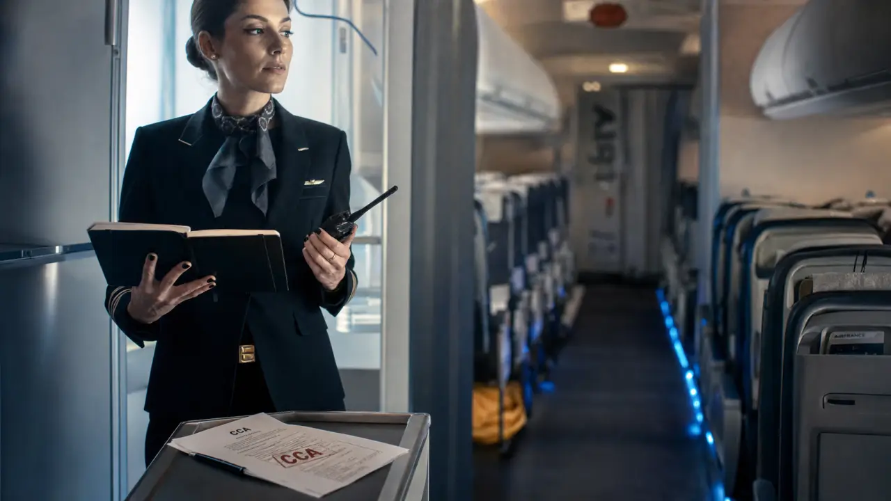 Stewart avion : hôtesse de l’air en cabine, check-list CCA et talkie