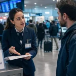 Agent d'accueil aéroportuaire guide les voyageurs dans le hall