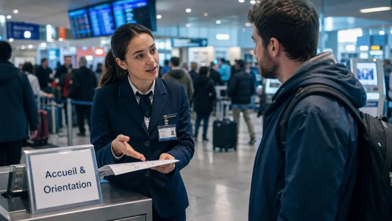 Agent d'accueil aéroportuaire guide les voyageurs dans le hall