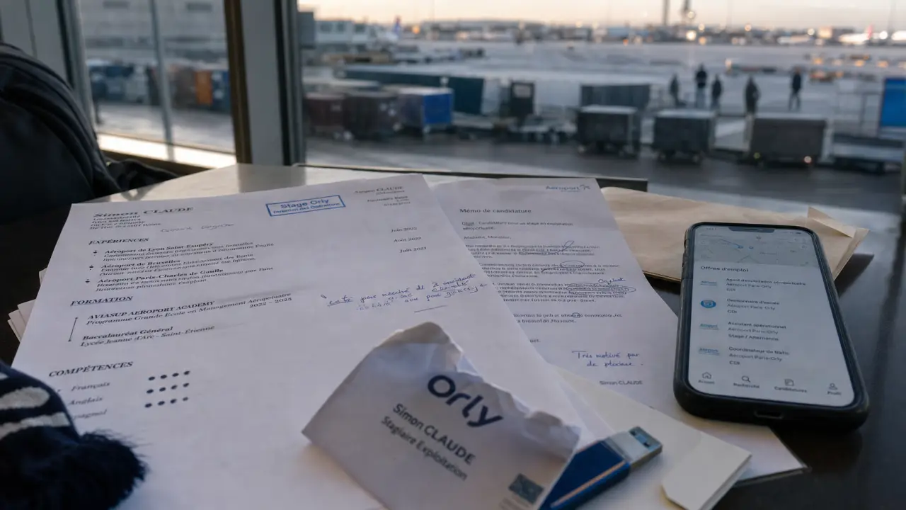 Demande de stage aéroport Orly : documents de candidature sur bureau