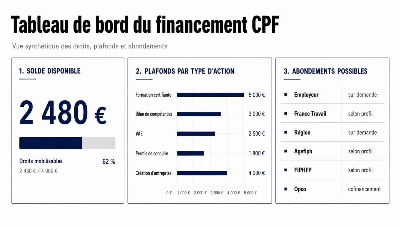 Financement du CPF : schéma éditorial sur le solde, les plafonds et les abondements possibles