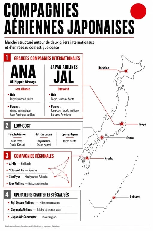 Compagnies aériennes japonaises : infographie comparative des grandes compagnies, low-cost et régionales