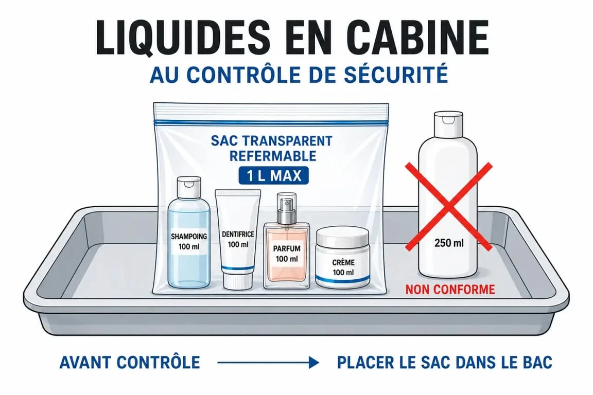 Liquide avion cabine : sac transparent 1 L avec flacons de 100 ml et contrôle de sécurité