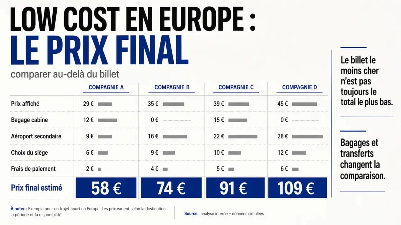 Compagnies aériennes low cost : comparaison visuelle des prix, bagages et frais additionnels