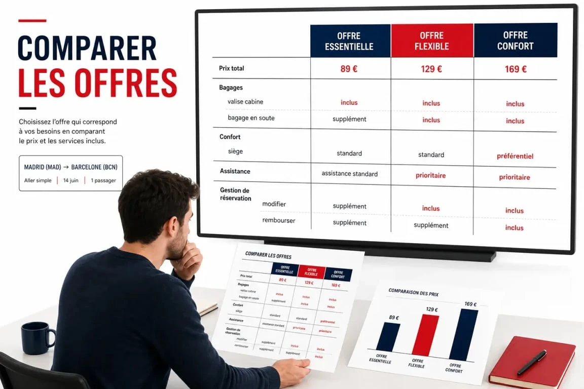 Compagnie aérienne espagnole : visuel comparatif des critères à vérifier avant de réserver