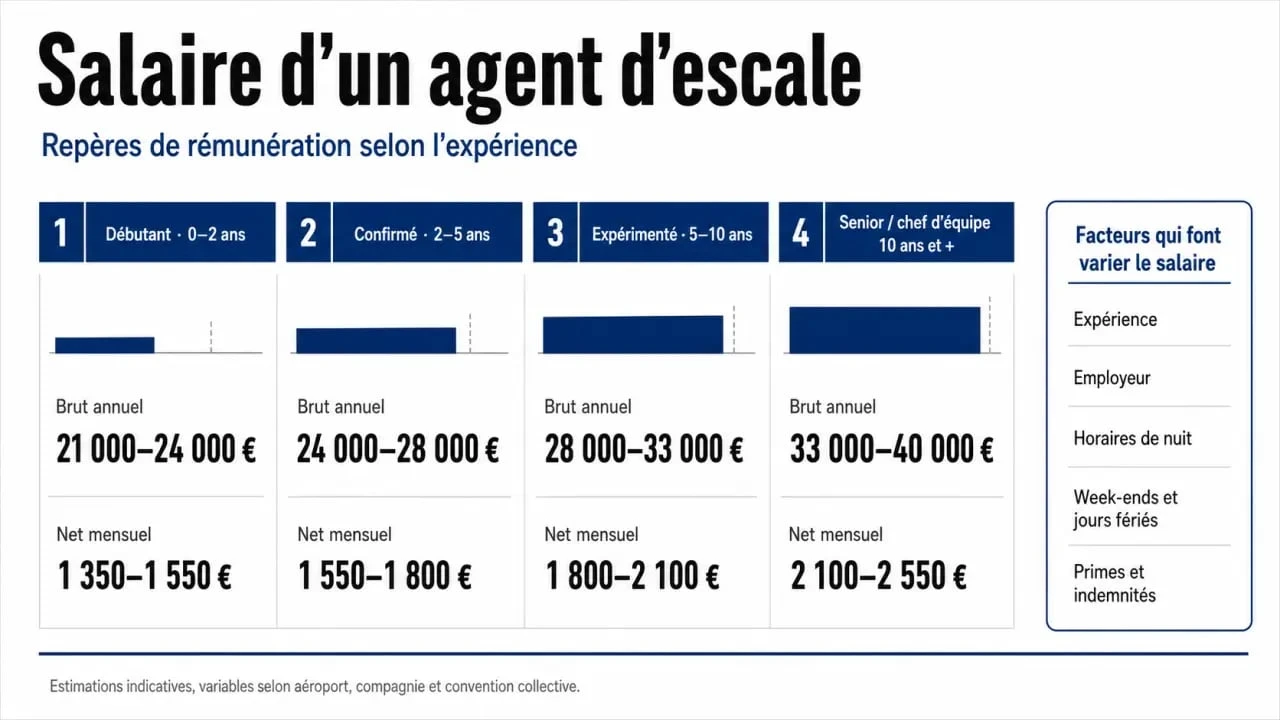 Infographie sur l’agent d escale salaire avec les niveaux de rémunération, les primes et les facteurs de variation