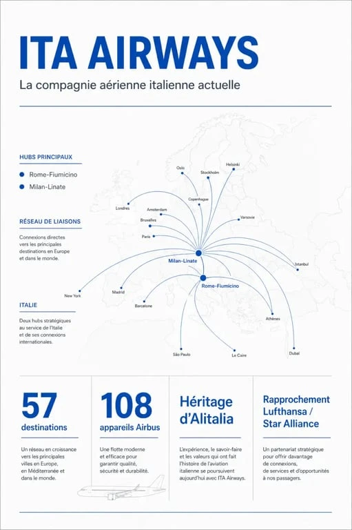 Compagnie aérienne italienne ITA Airways, vue éditoriale des hubs, destinations et flotte
