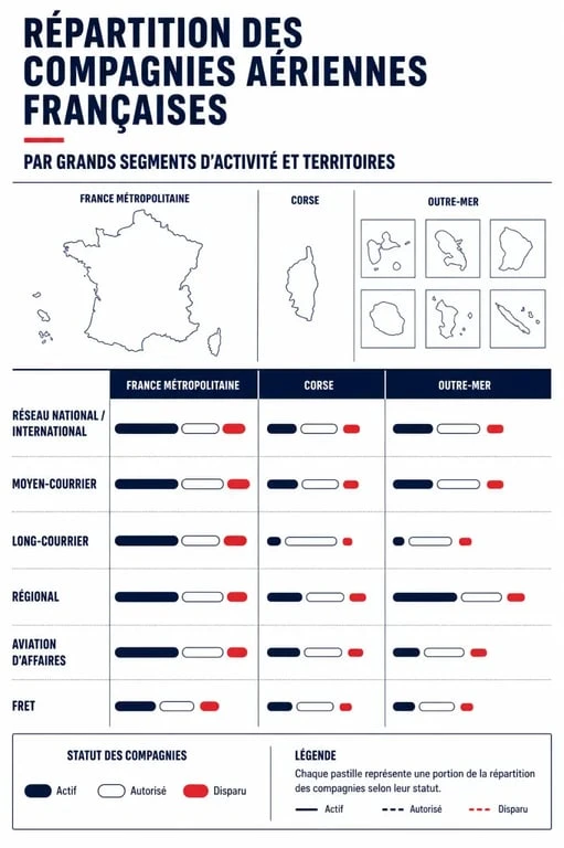 Compagnies aériennes françaises : carte éditoriale des principaux acteurs actifs, autorisés et disparus par territoire et type d’activité