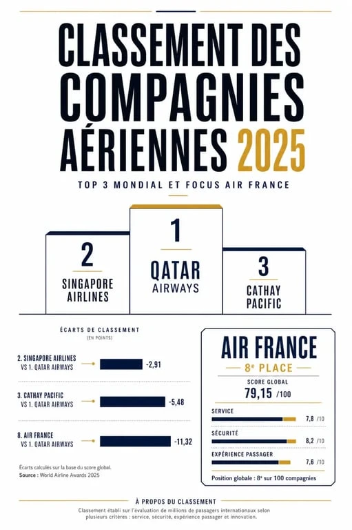 Classement des compagnies aériennes 2025 avec podium mondial et Air France 8e place