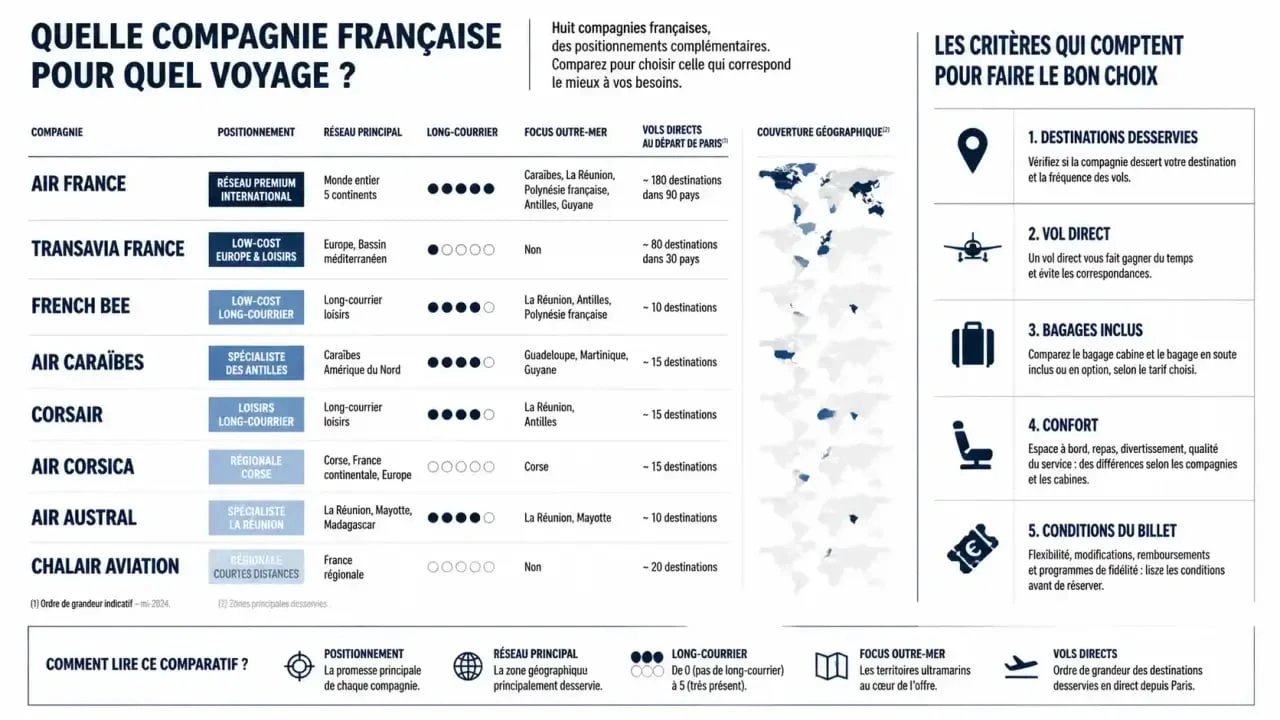 Comparatif des compagnies aériennes françaises et critères pour choisir entre vol direct, bagages et confort