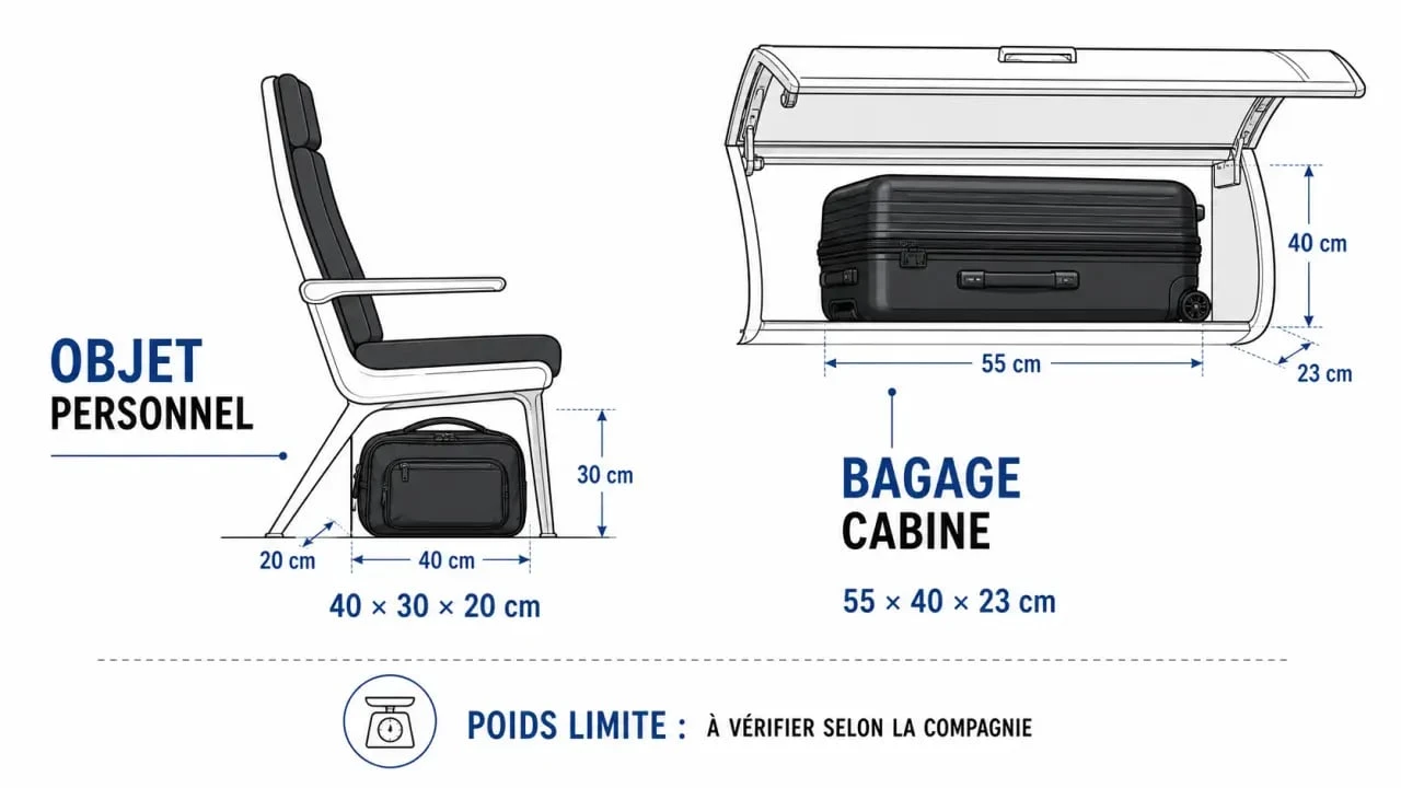 Bagage cabine avion : comparaison visuelle entre objet personnel et valise cabine avec dimensions et poids
