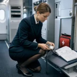 Hôtesse de l’air vérifie la sécurité en cabine, CCA obligatoire