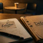 Défaut entretien d embauche : dossier Entretien sur bureau avec carnet ouvert