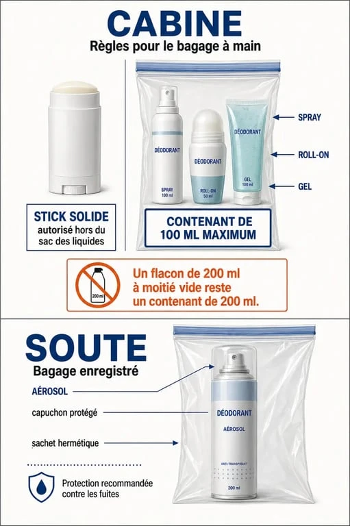 Déodorant avion cabine : formats solides, liquides et aérosols avec la règle des 100 ml