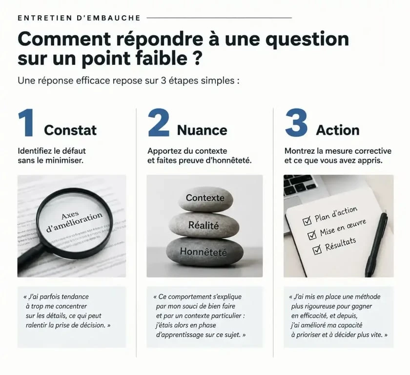 Infographie expliquant la méthode pour présenter un défaut en entretien d'embauche : constat, nuance et action corrective.