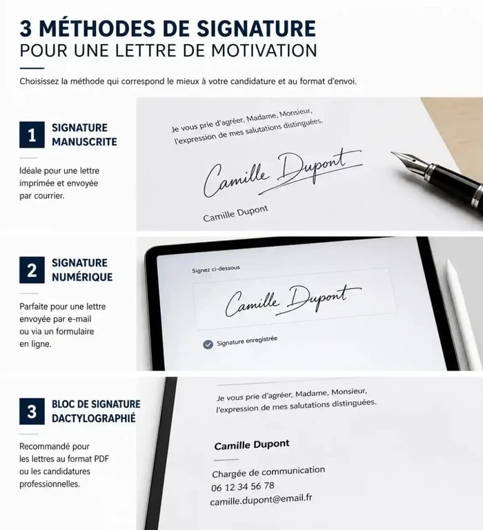 Exemples de méthodes pour signer une lettre de motivation : manuscrite, numérique et dactylographiée.