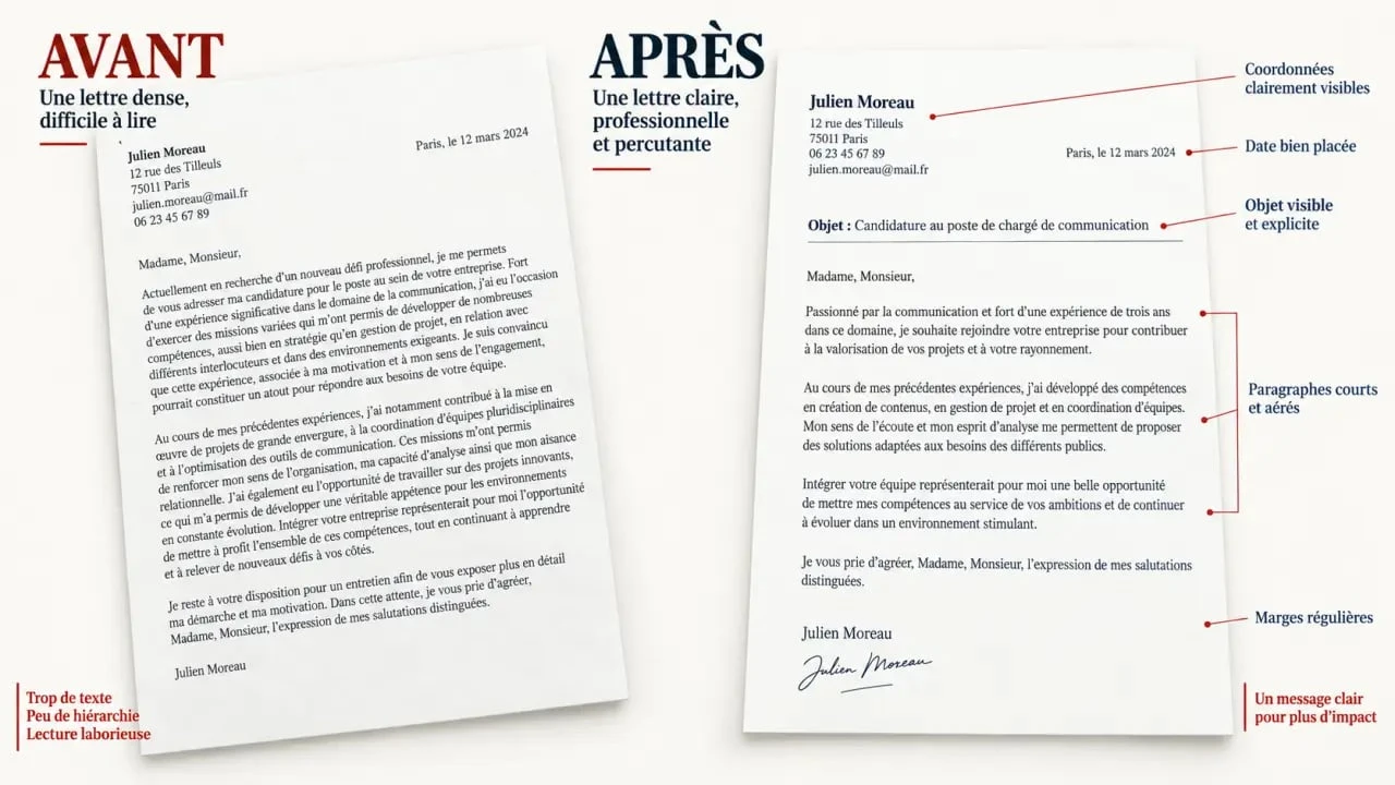 Mise en page lettre de motivation avant après, avec une version dense et une présentation professionnelle aérée