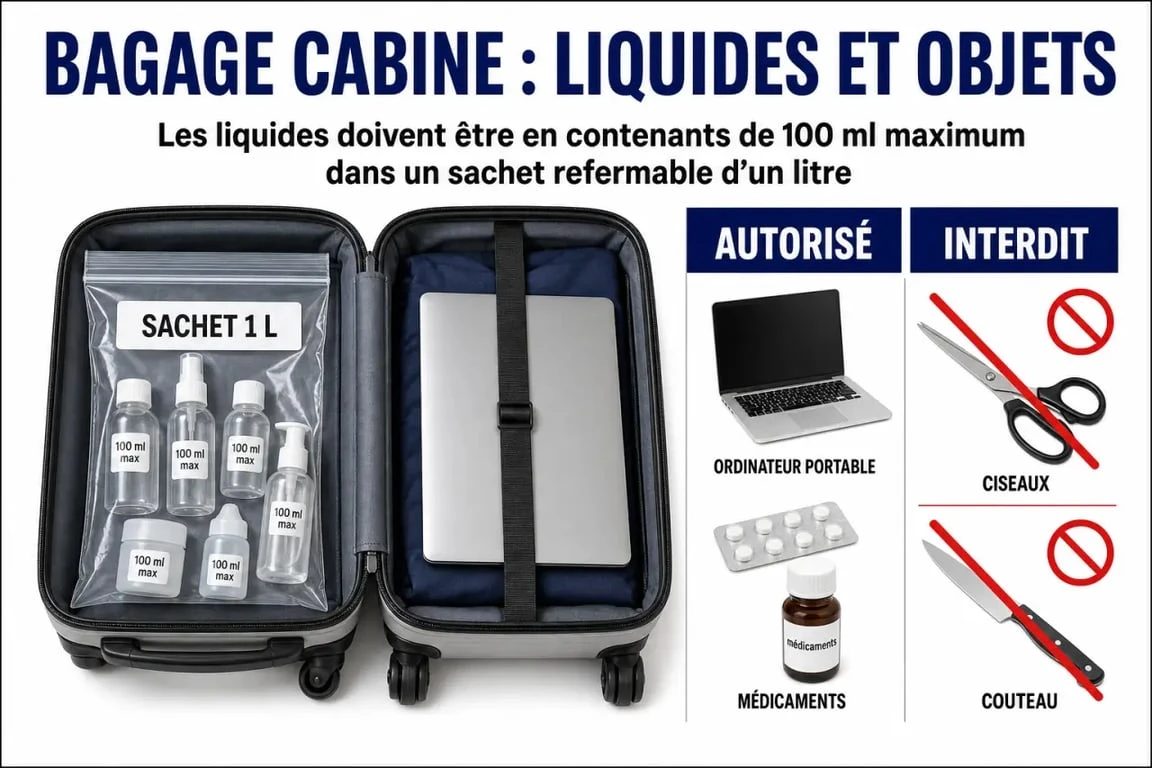 Que peut on emmener en cabine avion : valise cabine avec liquides 100 ml, médicaments et objets interdits