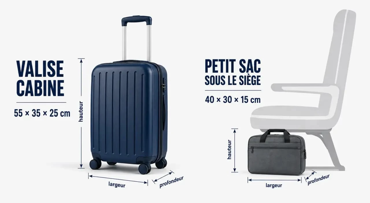 Valise cabine avion avec repères de dimensions 55 x 35 x 25 cm et 40 x 30 x 15 cm