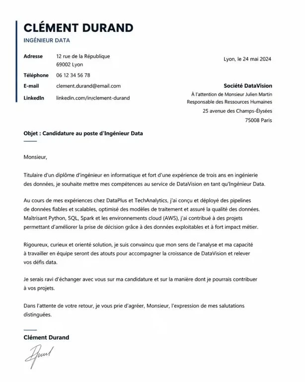 Exemple de structure d'entête pour une lettre de motivation professionnelle