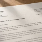 Entete lettre de motivation sur papier au bureau, coordonnées et entreprise visibles