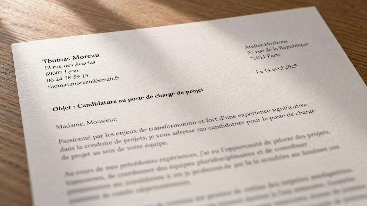 Entete lettre de motivation sur papier au bureau, coordonnées et entreprise visibles