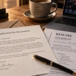Lettre de motivation anglais sur table avec CV et enveloppe