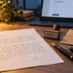 Lettre de motivation manuscrite sur bureau avec stylo et enveloppe