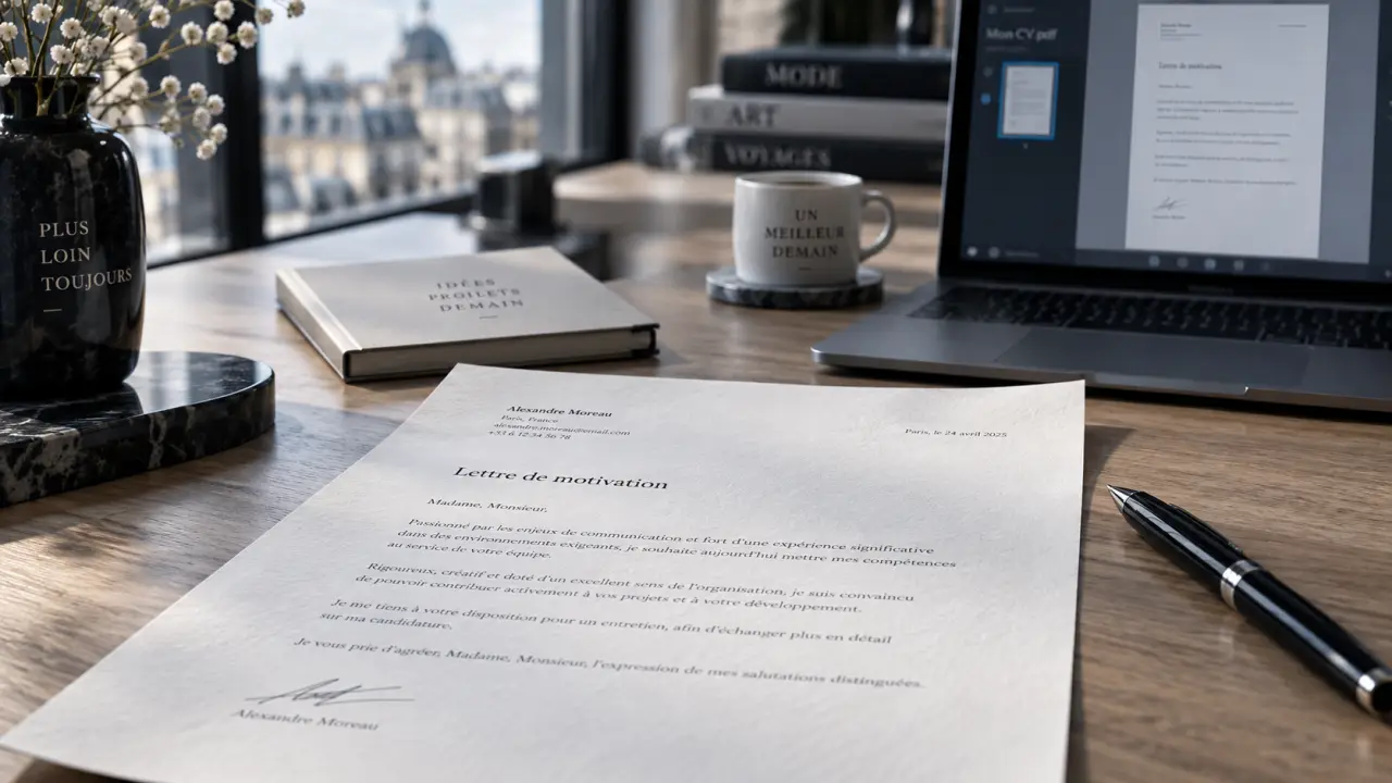 Mise en page lettre de motivation : lettre A4 sur table en bois