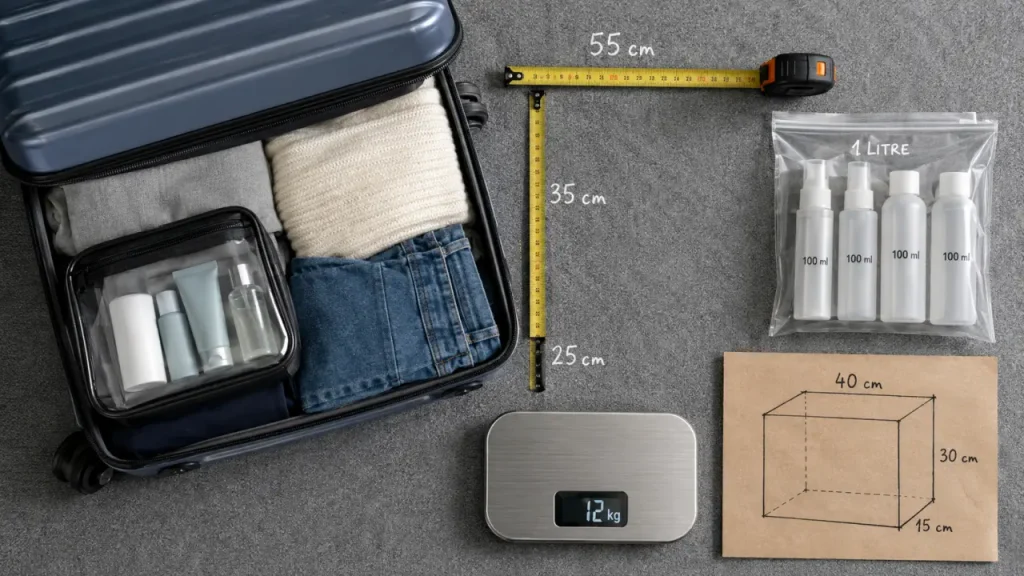 Valise cabine avion : 55 x 35 x 25 cm, 12 kg ou 18 kg selon le billet