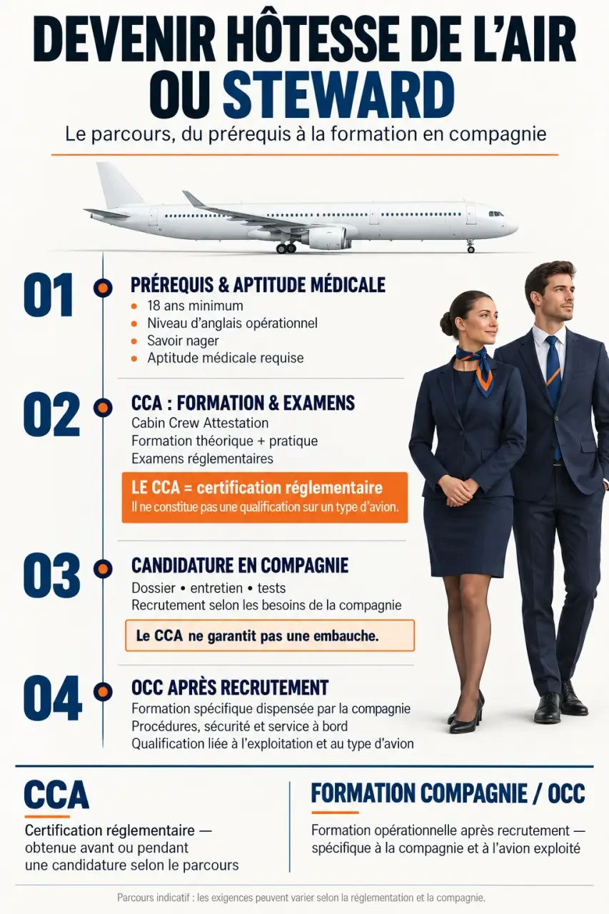 Formation hôtesse de l’air : parcours du CCA au recrutement en compagnie aérienne