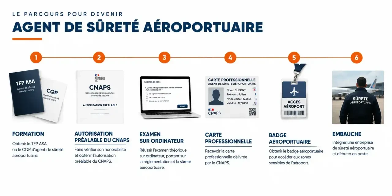 Parcours de la formation sûreté aéroportuaire : de la formation TFP ASA ou CQP à la carte professionnelle CNAPS et au badge aéroportuaire